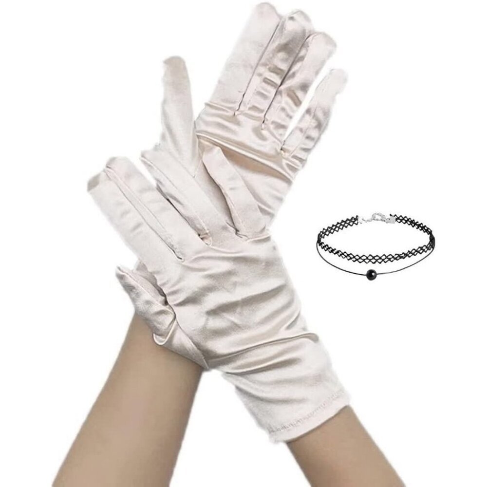 Women's Evening Champagne Short Satin Lace Gloves Gothic Choker Necklace design